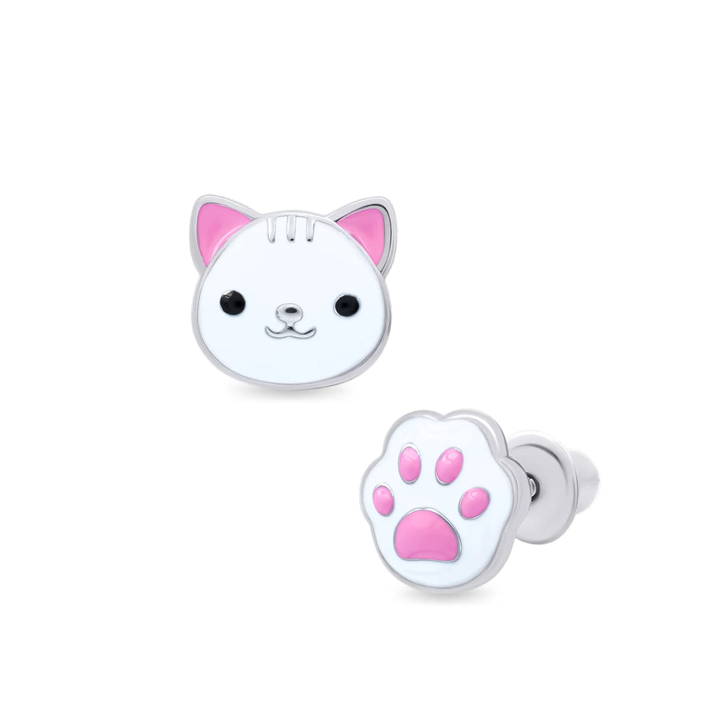 Cat & Paw White Stud Earrings for Girls