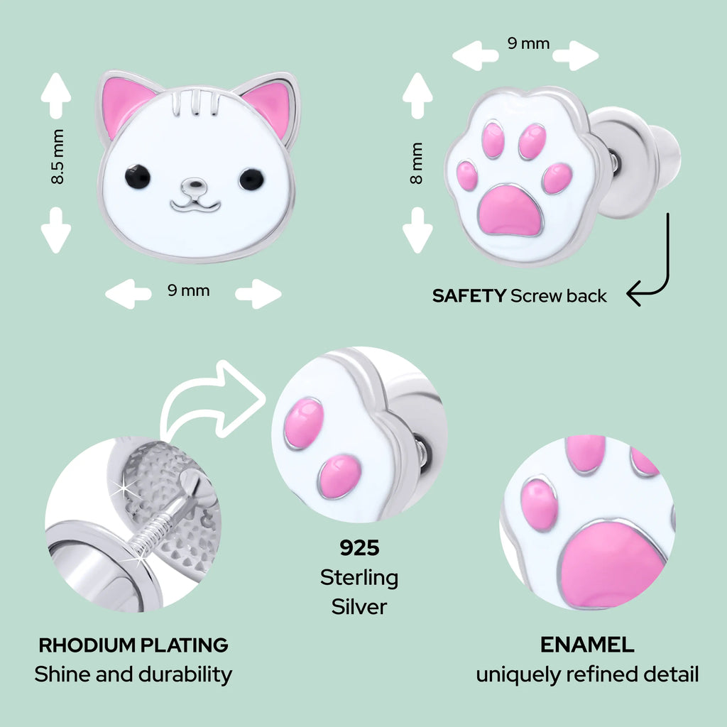Cat & Paw White Stud Earrings for Girls