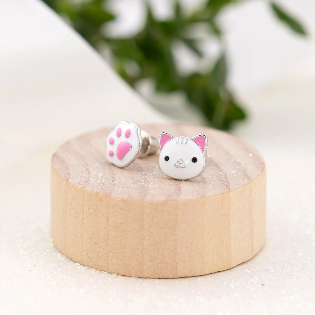 Cat & Paw White Stud Earrings for Girls