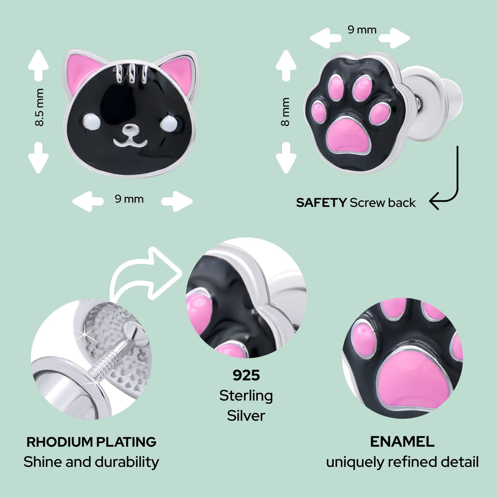 Cat & Paw Black Stud Earrings for Girls