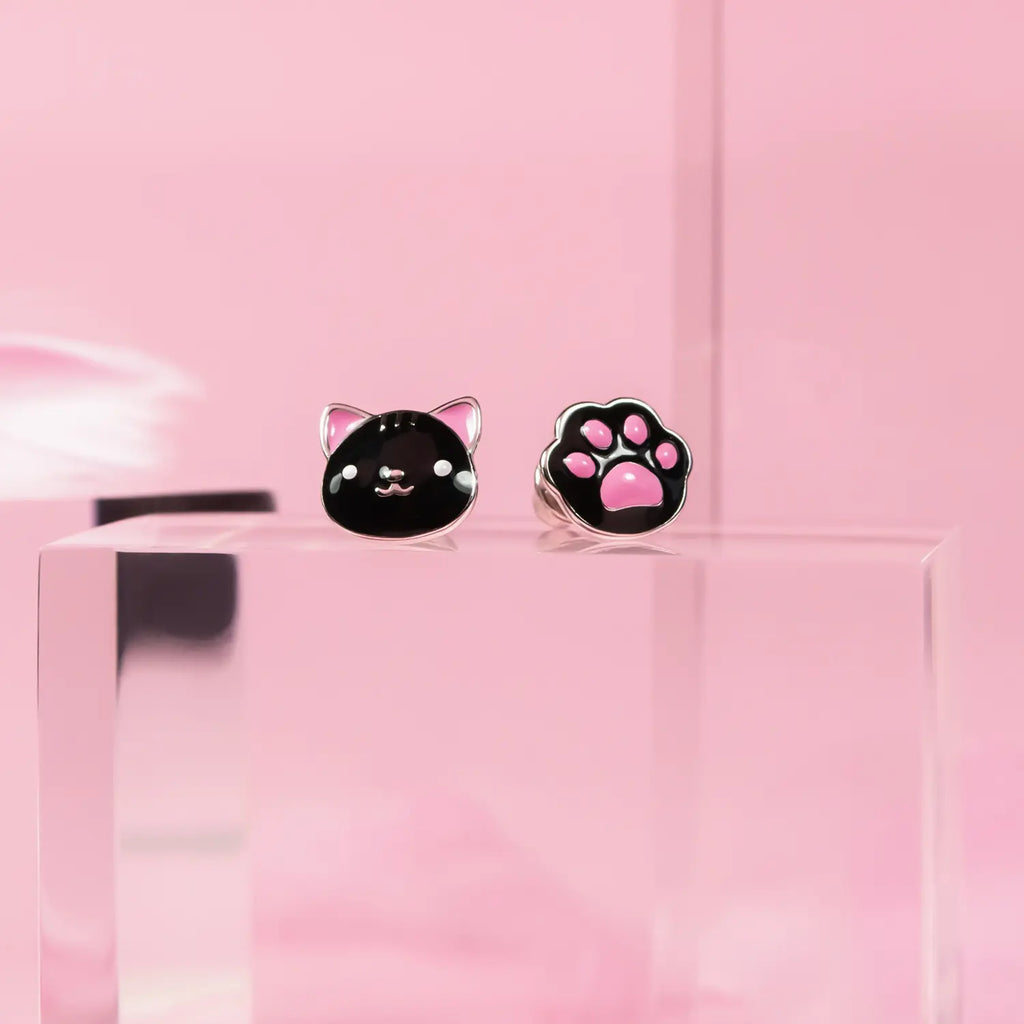 Cat & Paw Black Stud Earrings for Girls