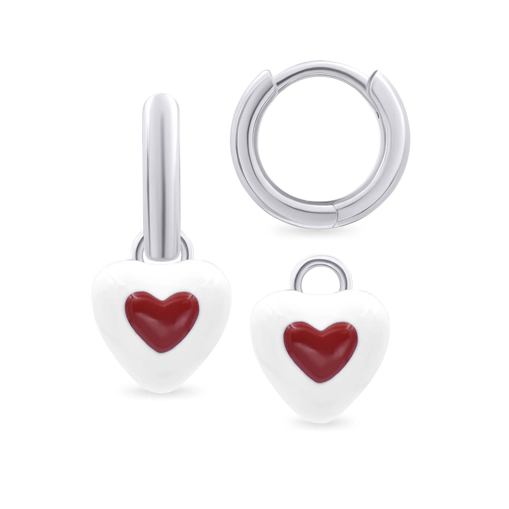 White & Red Heart Huggie Earrings