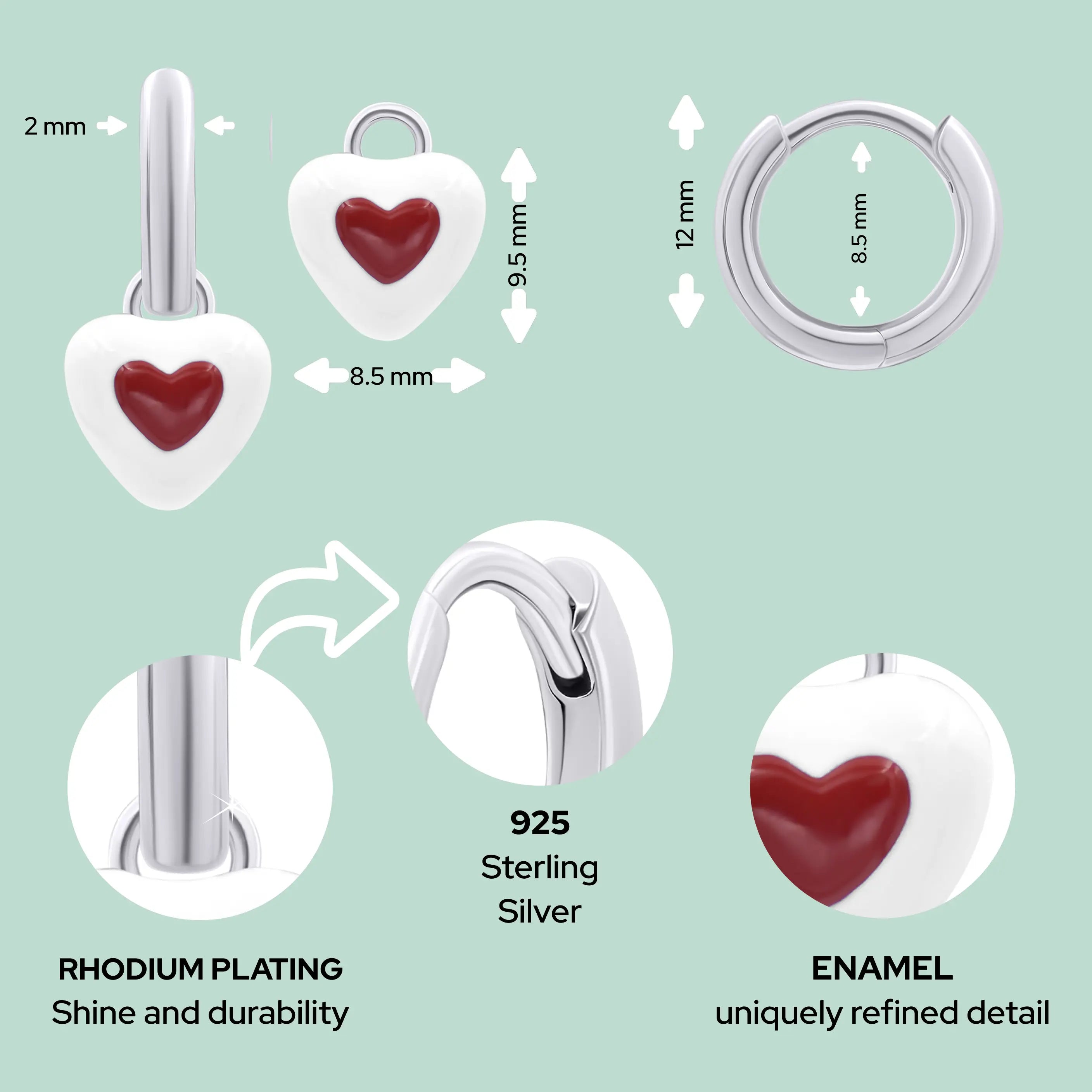 White & Red Heart Huggie Earrings