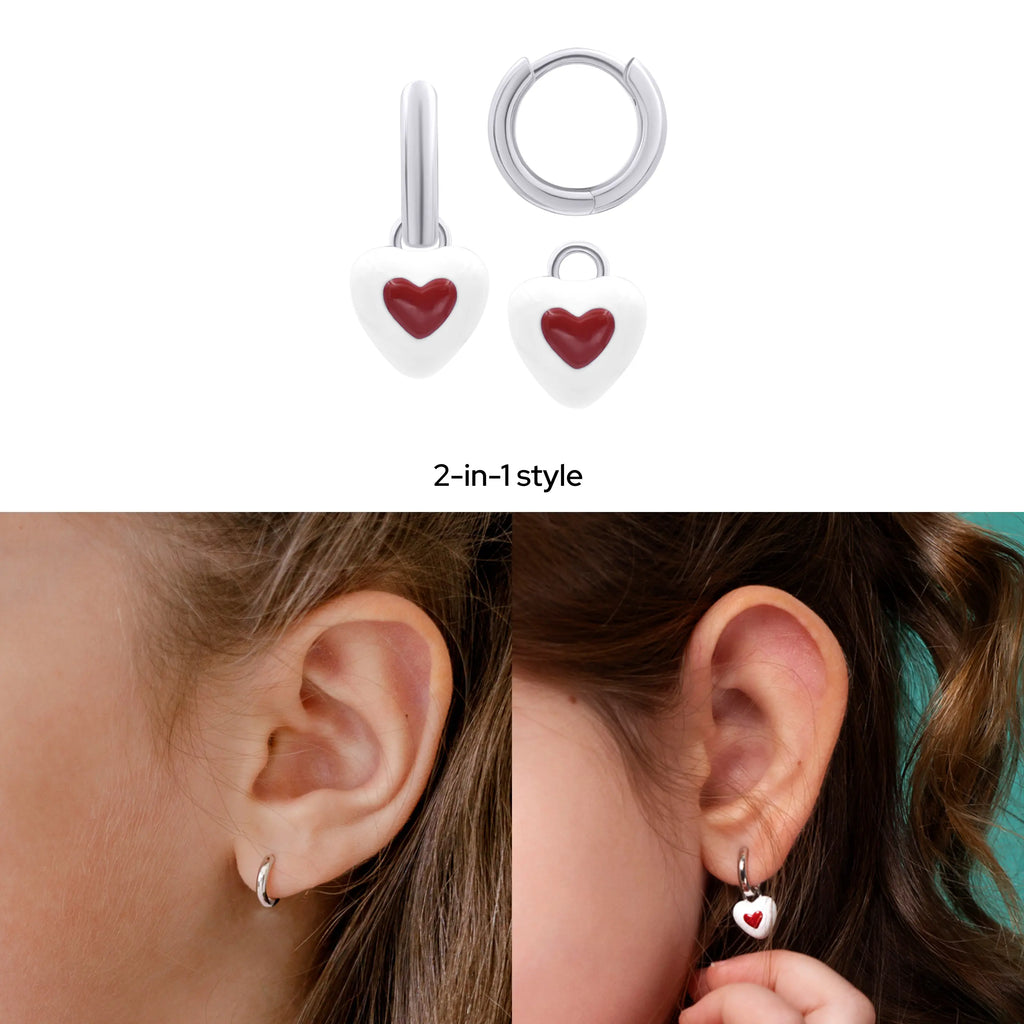 White & Red Heart Huggie Earrings
