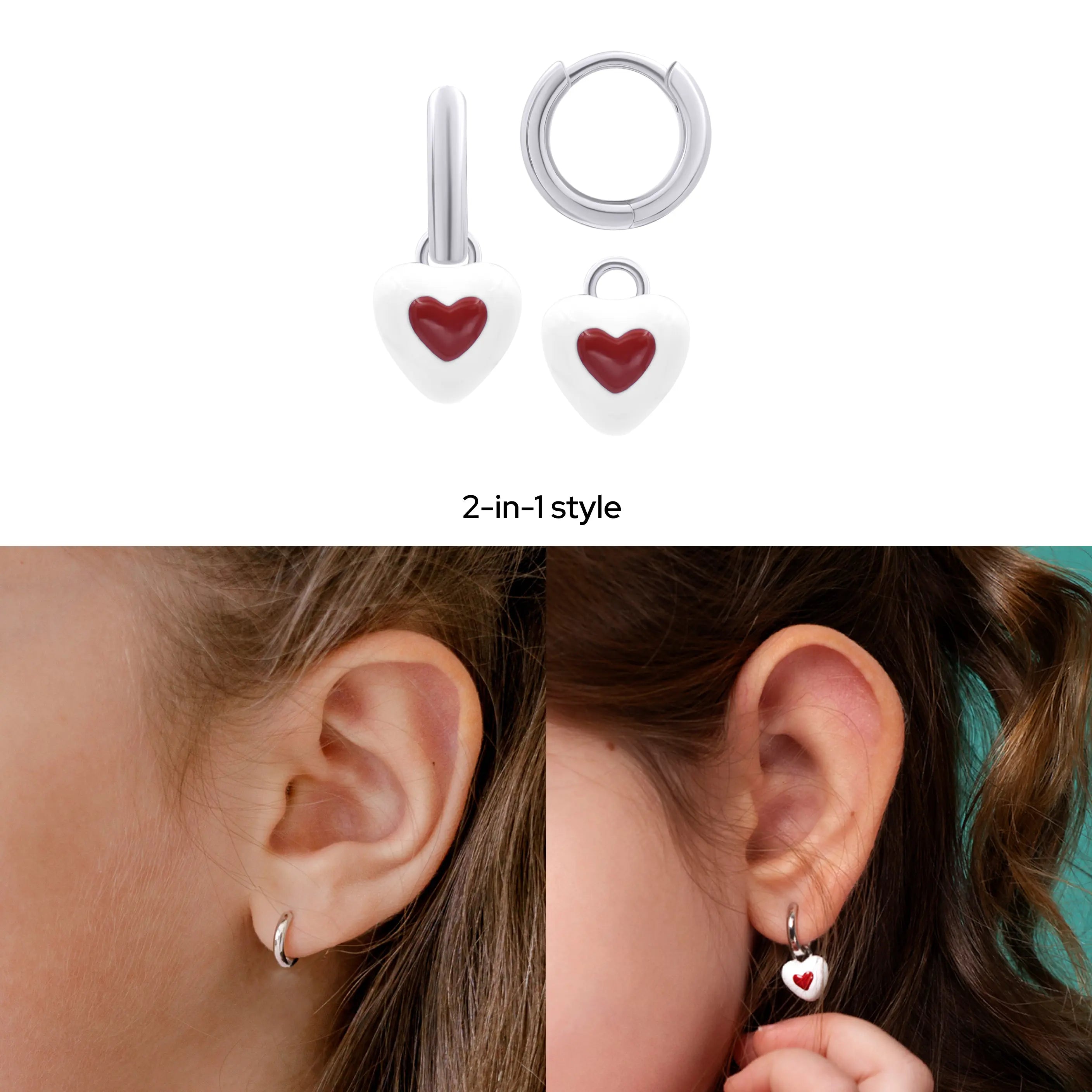 White & Red Heart Huggie Earrings
