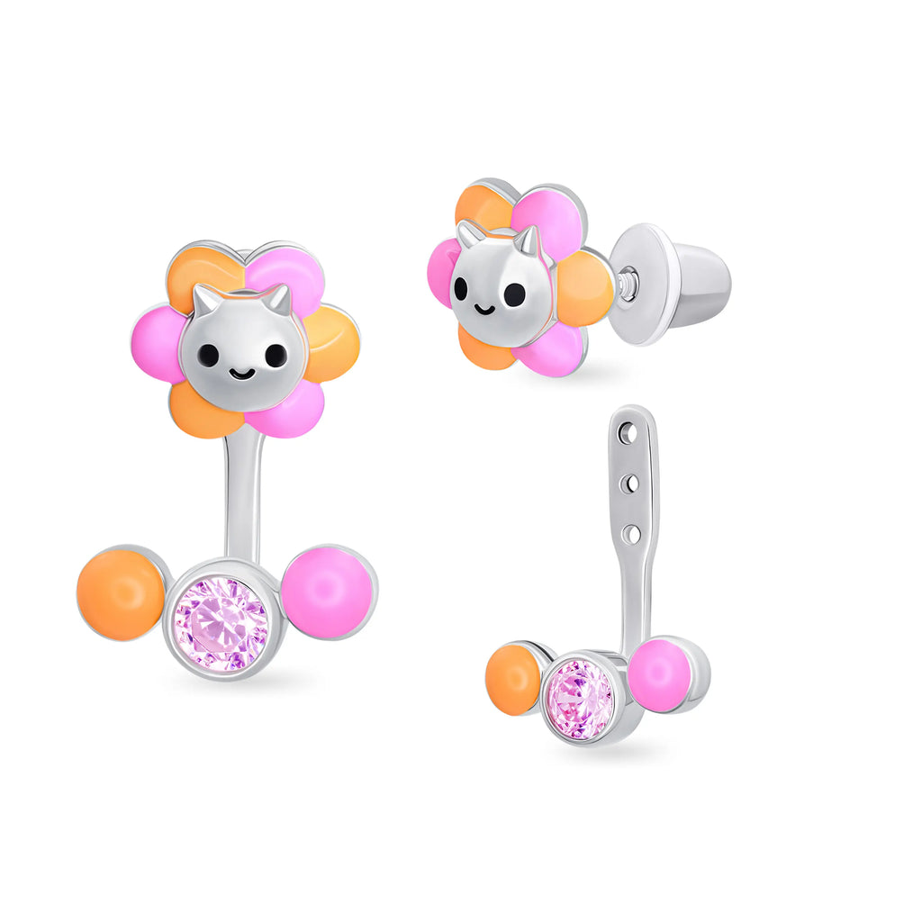 Flower Cat & Sparkle Jacket Earrings for Girls