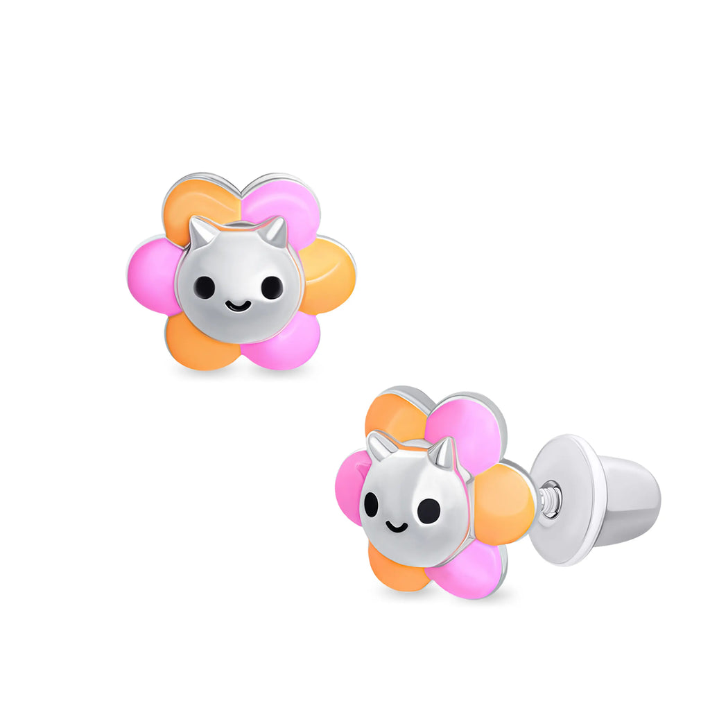 Flower Cat & Sparkle Jacket Earrings for Girls