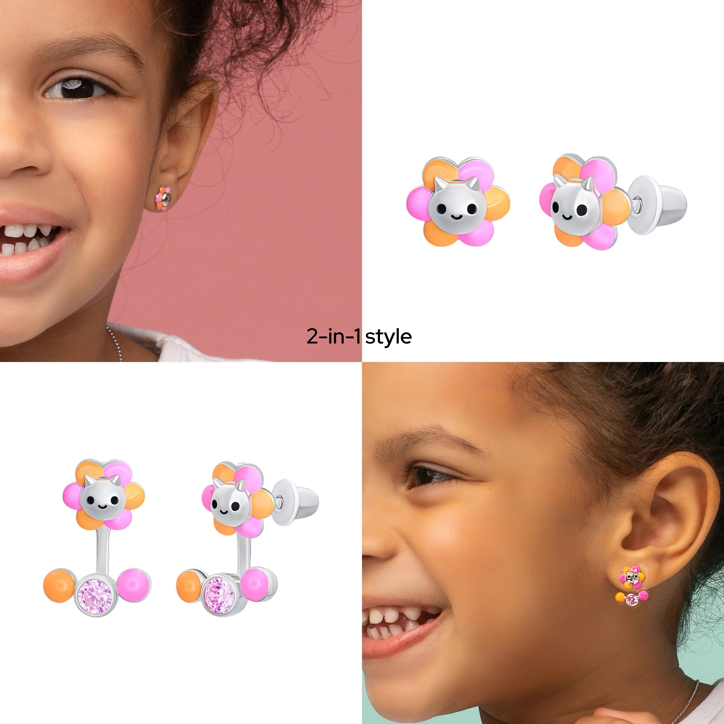 Flower Cat & Sparkle Jacket Earrings for Girls