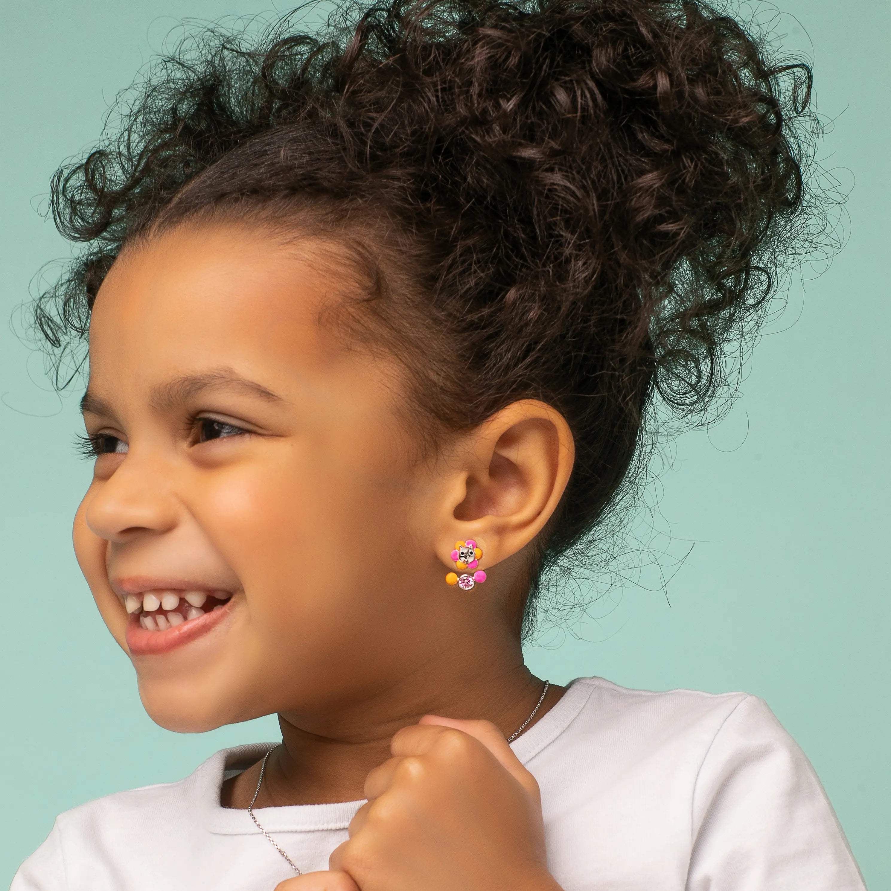 Flower Cat & Sparkle Jacket Earrings for Girls