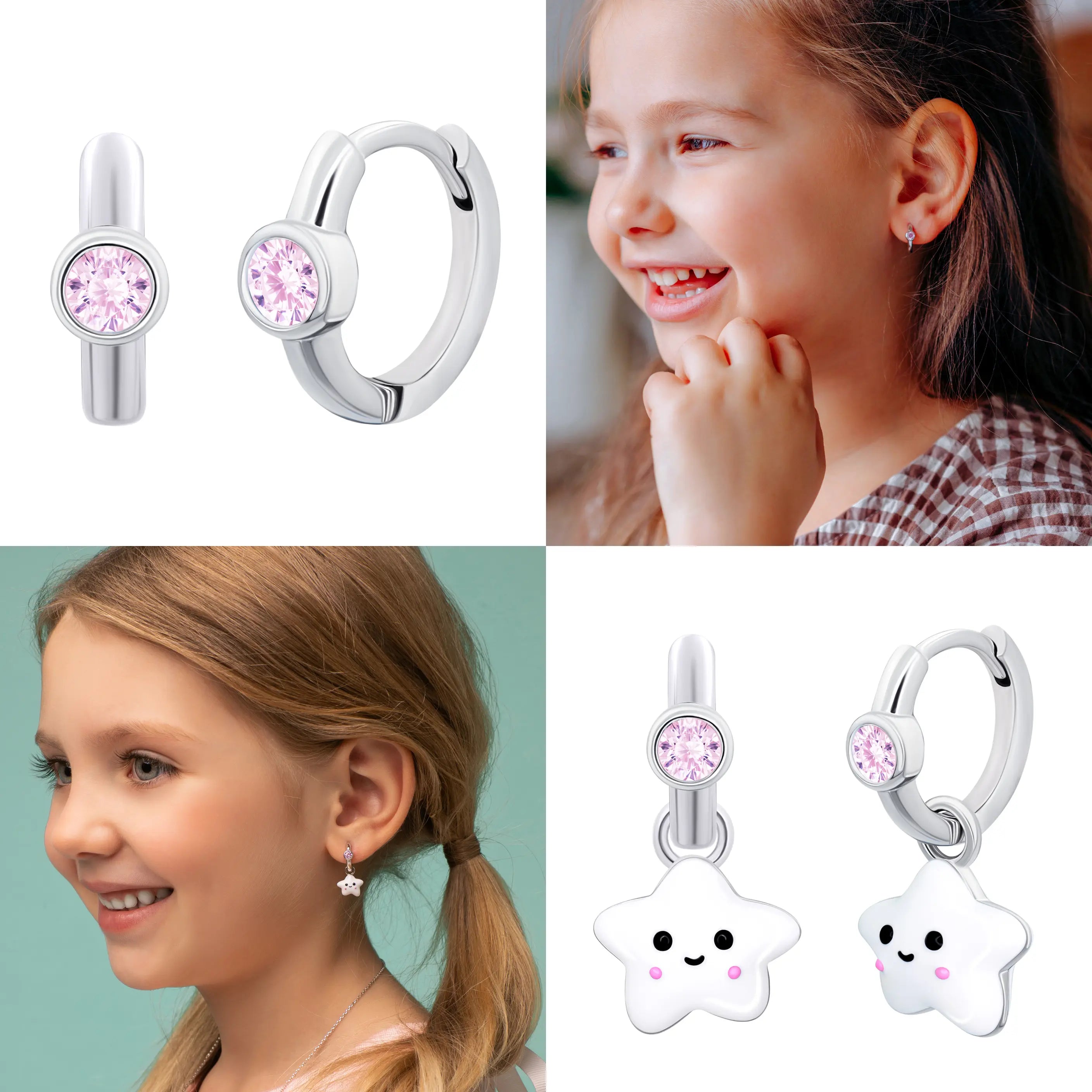 Pink Stone & White Star Huggie Earrings