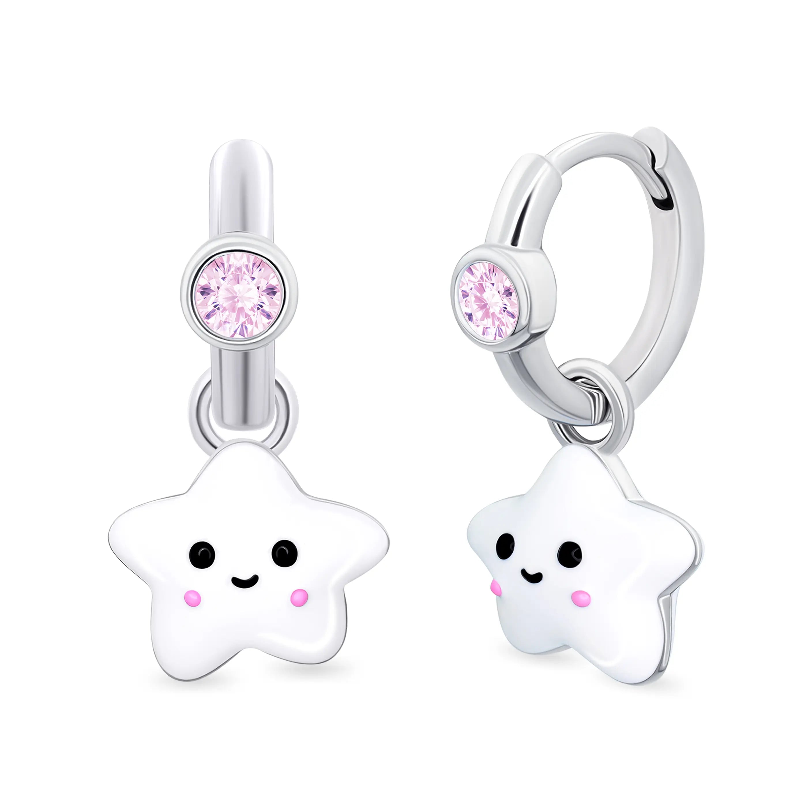 Pink Stone & White Star Huggie Earrings