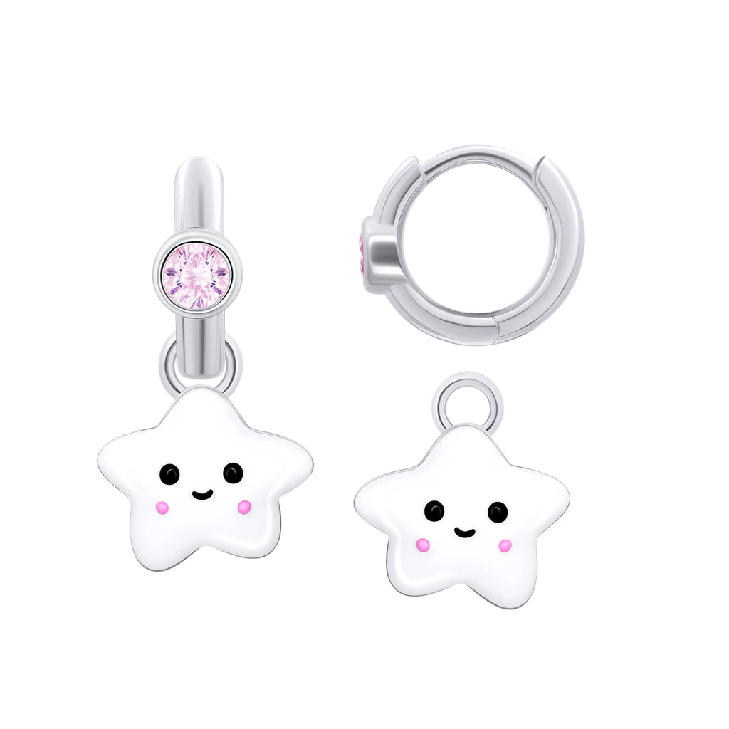Pink Stone & White Star Huggie Earrings