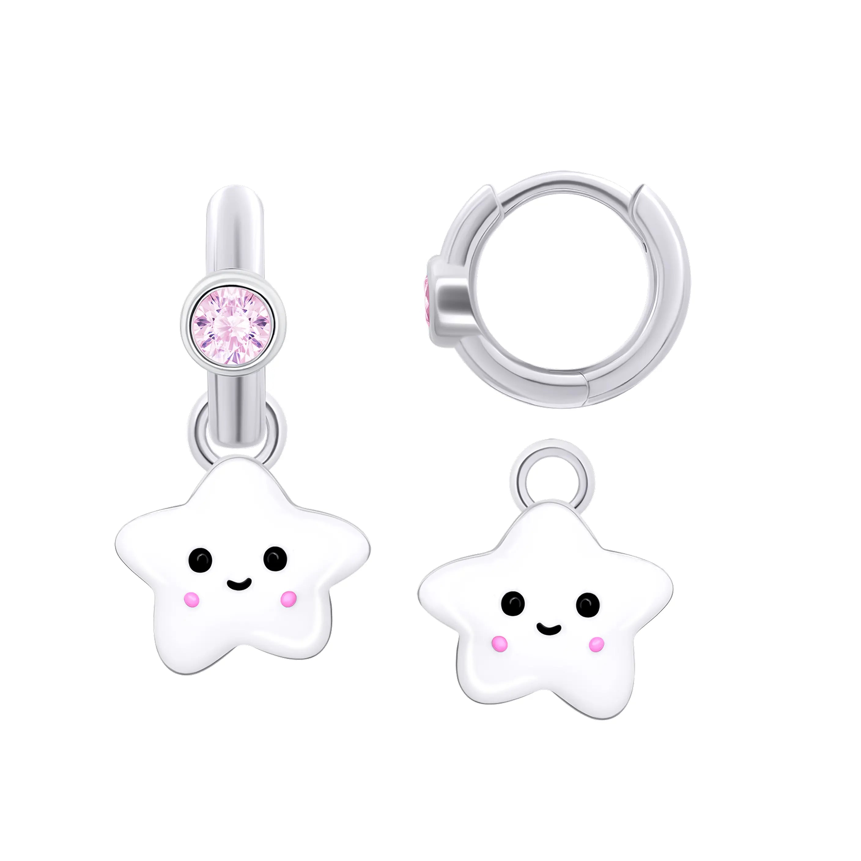 Pink Stone & White Star Huggie Earrings