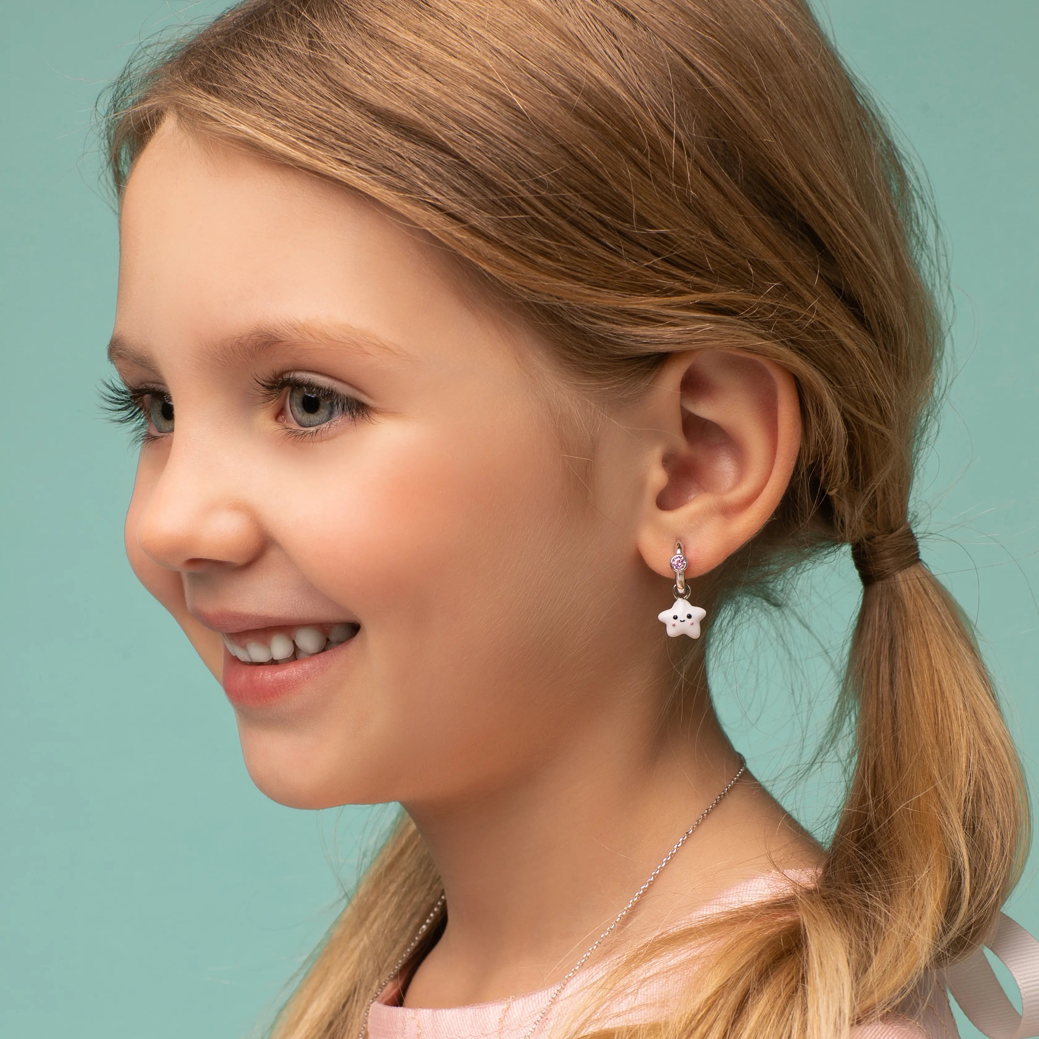 Pink Stone & White Star Huggie Earrings