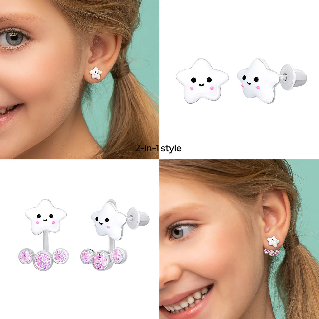 White Star & Sparkle Jacket Earrings for Girls